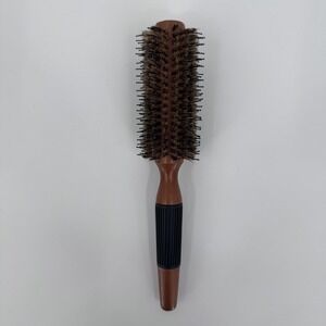 BESTOOL Round Hair Brush Brown Wood Handle Nylon Bristle Rubber Grip 9 In Style